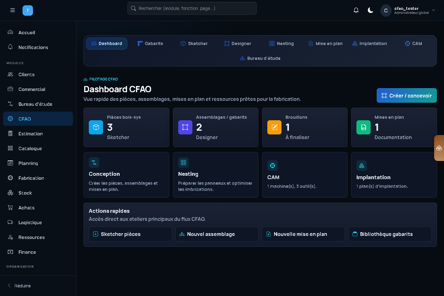 Dashboard CFAO Bois-sys connecté avec compteurs pièces, gabarits, CAM et mise en plan