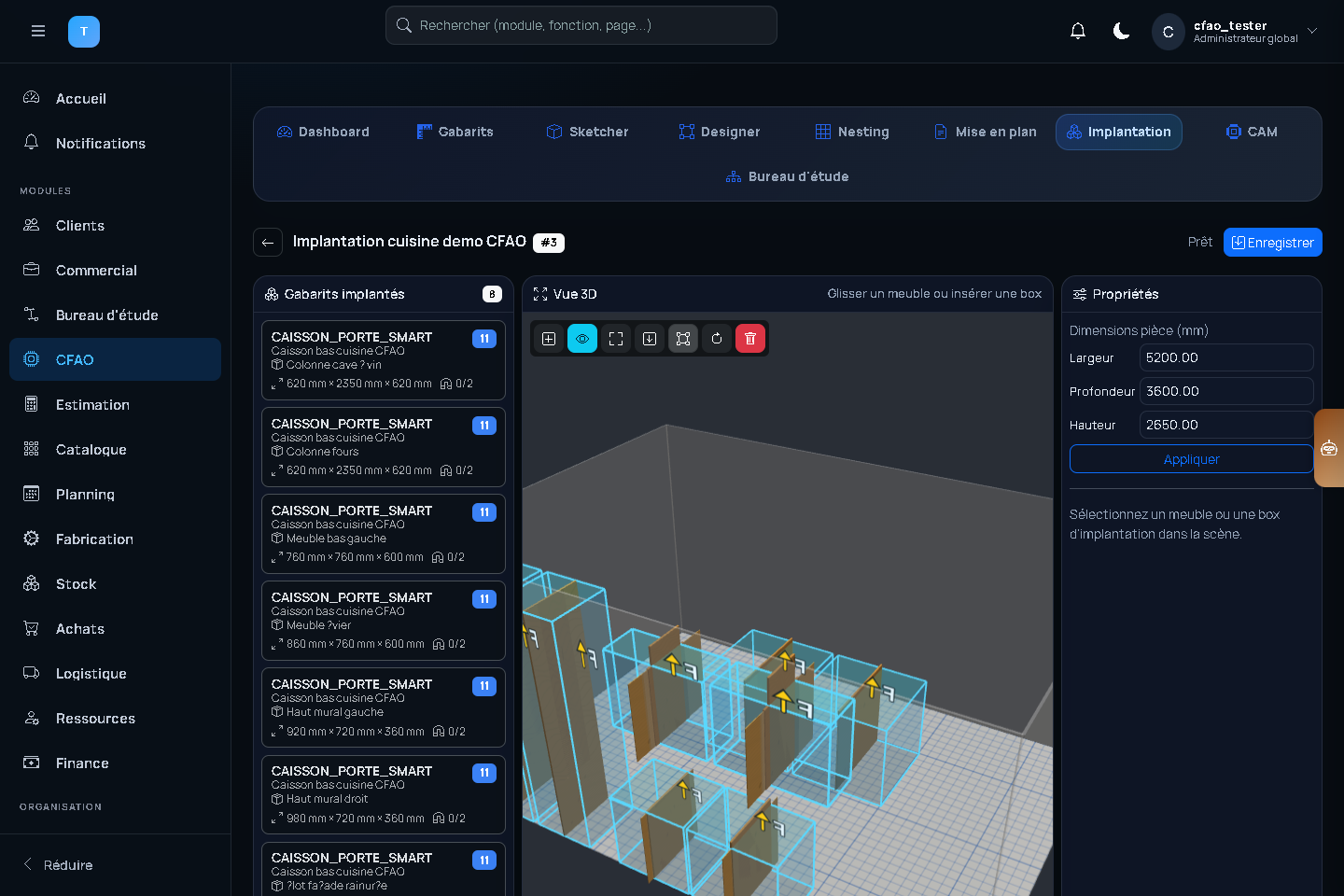 Implantation 3D Bois-sys avec plusieurs gabarits de cuisine dans le viewer